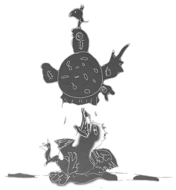 Two grey hand drawn illustrations of a barnacle and a bird. The bird is sat on the ground with its claws and beak open and raised up towards the barnacle above it. The barnacle is round with small anatomy fragments poking out. A bird sits on top of the barnacle smiling.