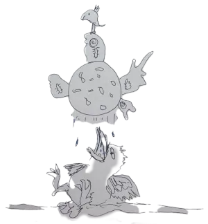 Two grey hand drawn illustrations of a barnacle and a bird. The bird is sat on the ground with its claws and beak open and raised up towards the barnacle above it. The barnacle is round with small anatomy fragments poking out. A bird sits on top of the barnacle smiling.