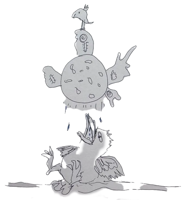 Two grey hand drawn illustrations of a barnacle and a bird. The bird is sat on the ground with its claws and beak open and raised up towards the barnacle above it. The barnacle is round with small anatomy fragments poking out. A bird sits on top of the barnacle smiling.