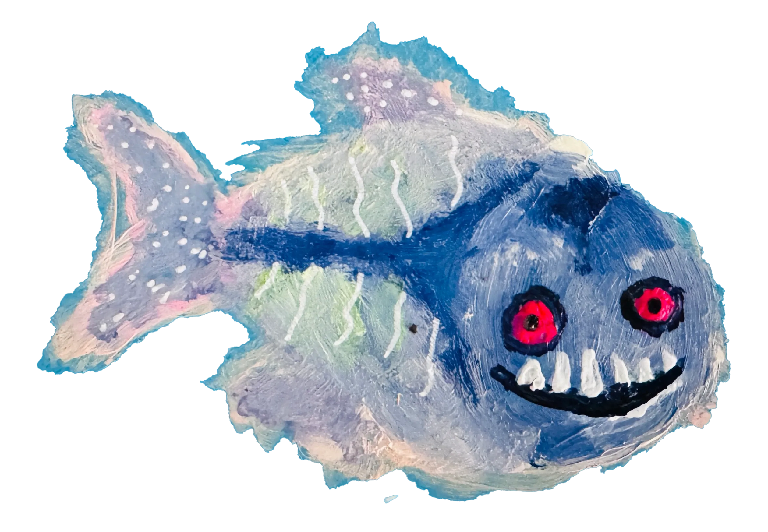 A painting of a piranha fish. Its body is mixed with pink, white and purple tones. Its face is smiling with large teeth, and its red eyes are big against its blue face.