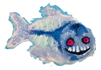 A painting of a piranha fish. Its body is mixed with pink, white and purple tones. Its face is smiling with large teeth, and its red eyes are big against its blue face.