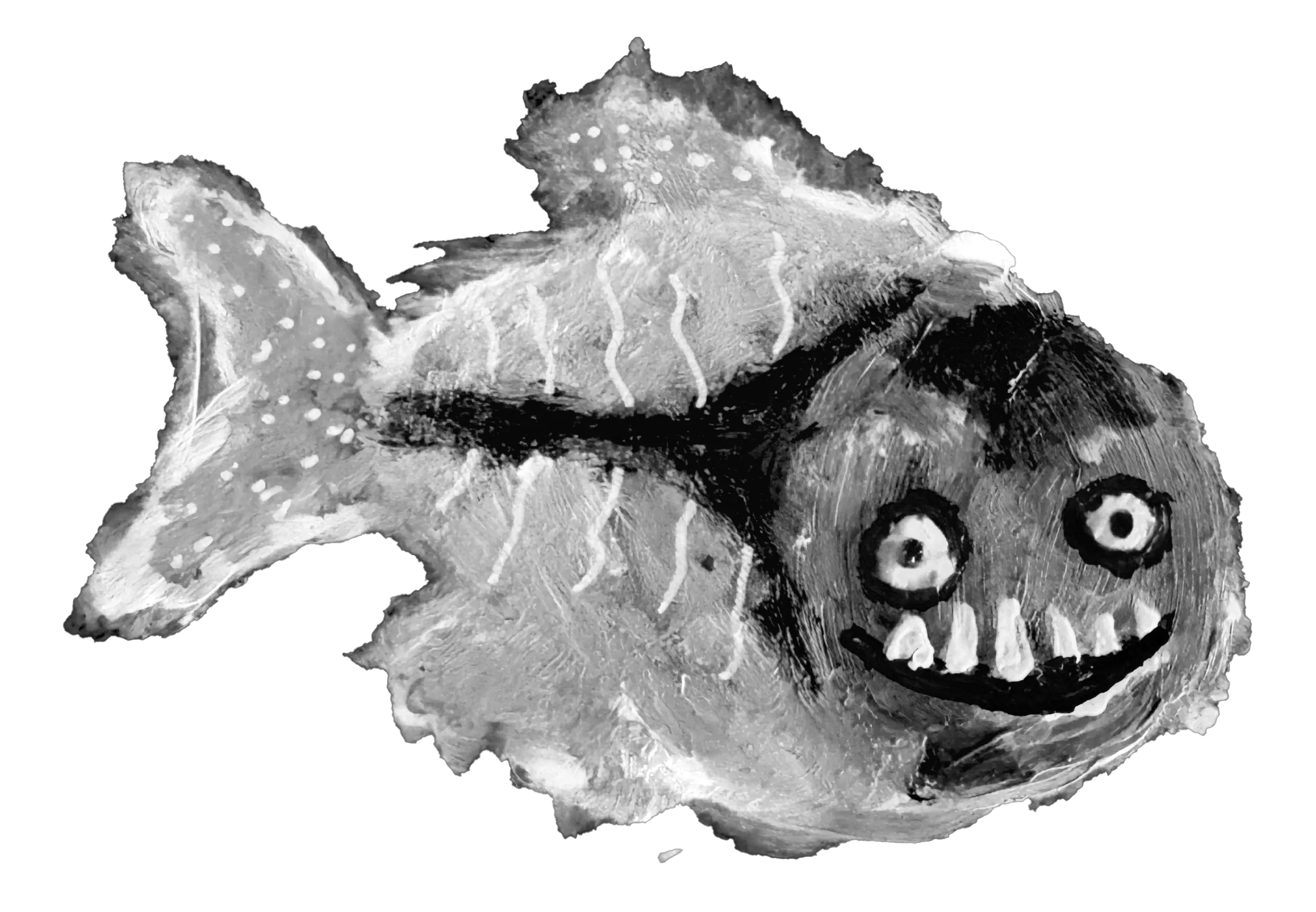 A painting of a piranha fish. Its body is mixed with pink, white and purple tones. Its face is smiling with large teeth, and its red eyes are big against its blue face.