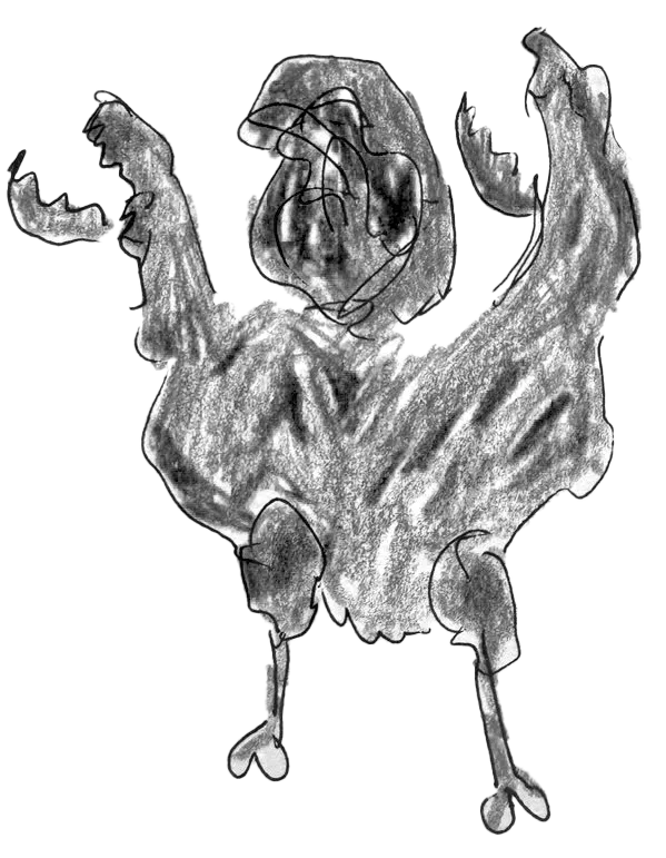 A hand drawn illustration of a hybrid creature made up of a chicken and a crab. The creature is standing up with its crab claws high in the air and its beak open. The illustration is coloured in with red and orange tones.