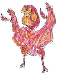 A hand drawn illustration of a hybrid creature made up of a chicken and a crab. The creature is standing up with its crab claws high in the air and its beak open. The illustration is coloured in with red and orange tones.