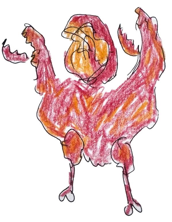 A hand drawn illustration of a hybrid creature made up of a chicken and a crab. The creature is standing up with its crab claws high in the air and its beak open. The illustration is coloured in with red and orange tones.