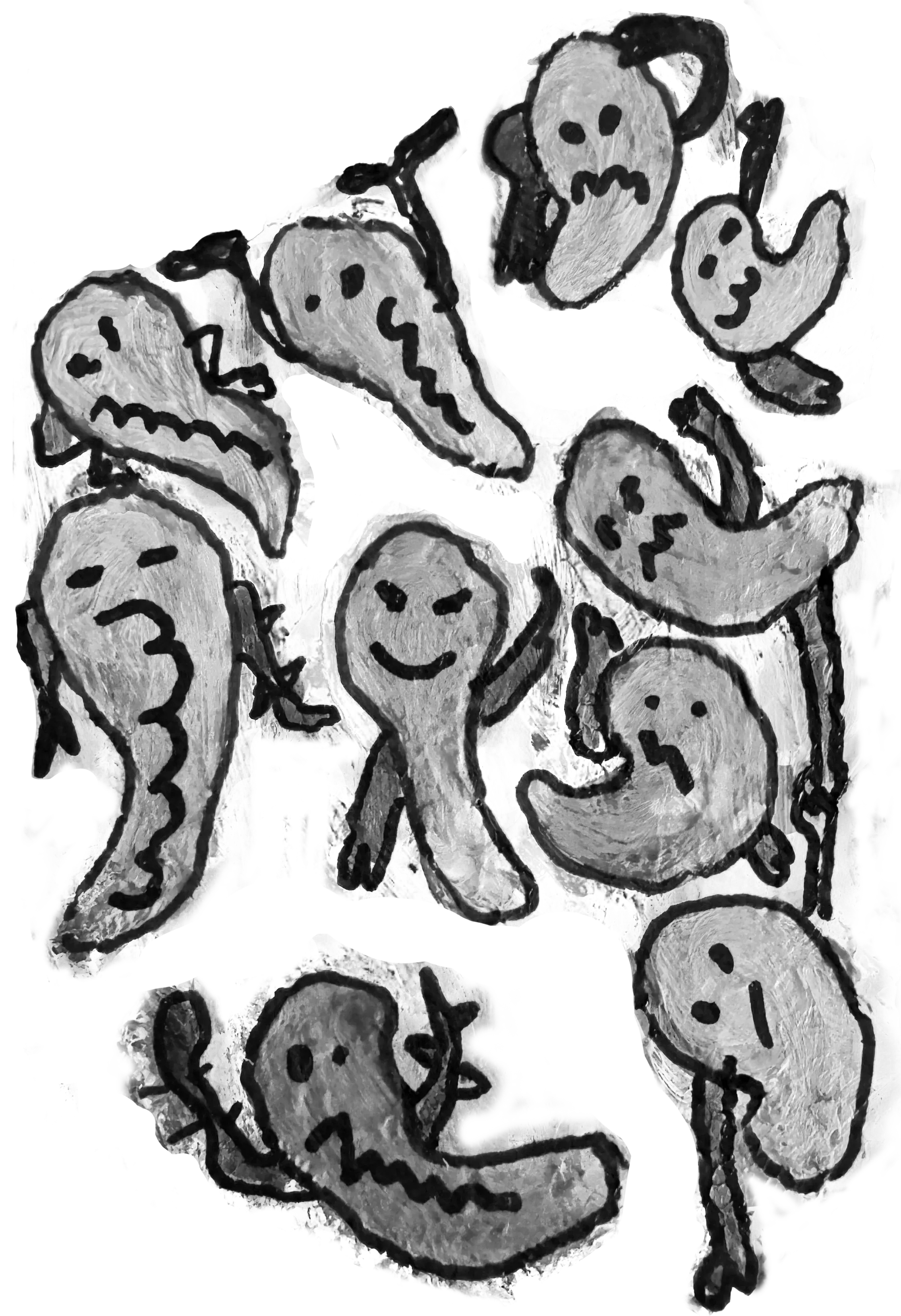 A painting of a group of rain droplets. They are all blue with various facial expressions and have small pink and orange arms stretching out together.