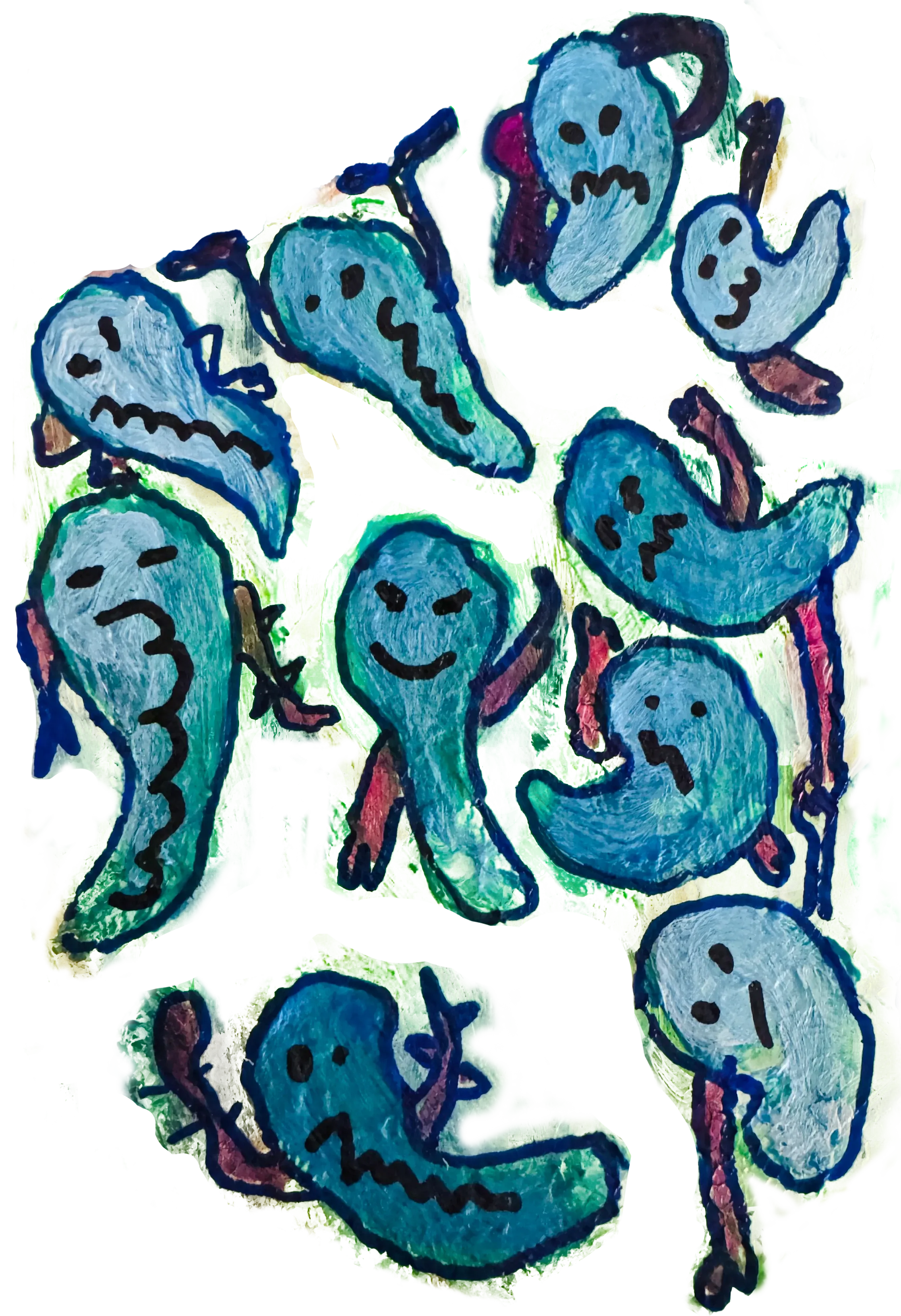 A painting of a group of rain droplets. They are all blue with various facial expressions and have small pink and orange arms stretching out together.