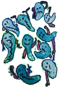 A painting of a group of rain droplets. They are all blue with various facial expressions and have small pink and orange arms stretching out together.