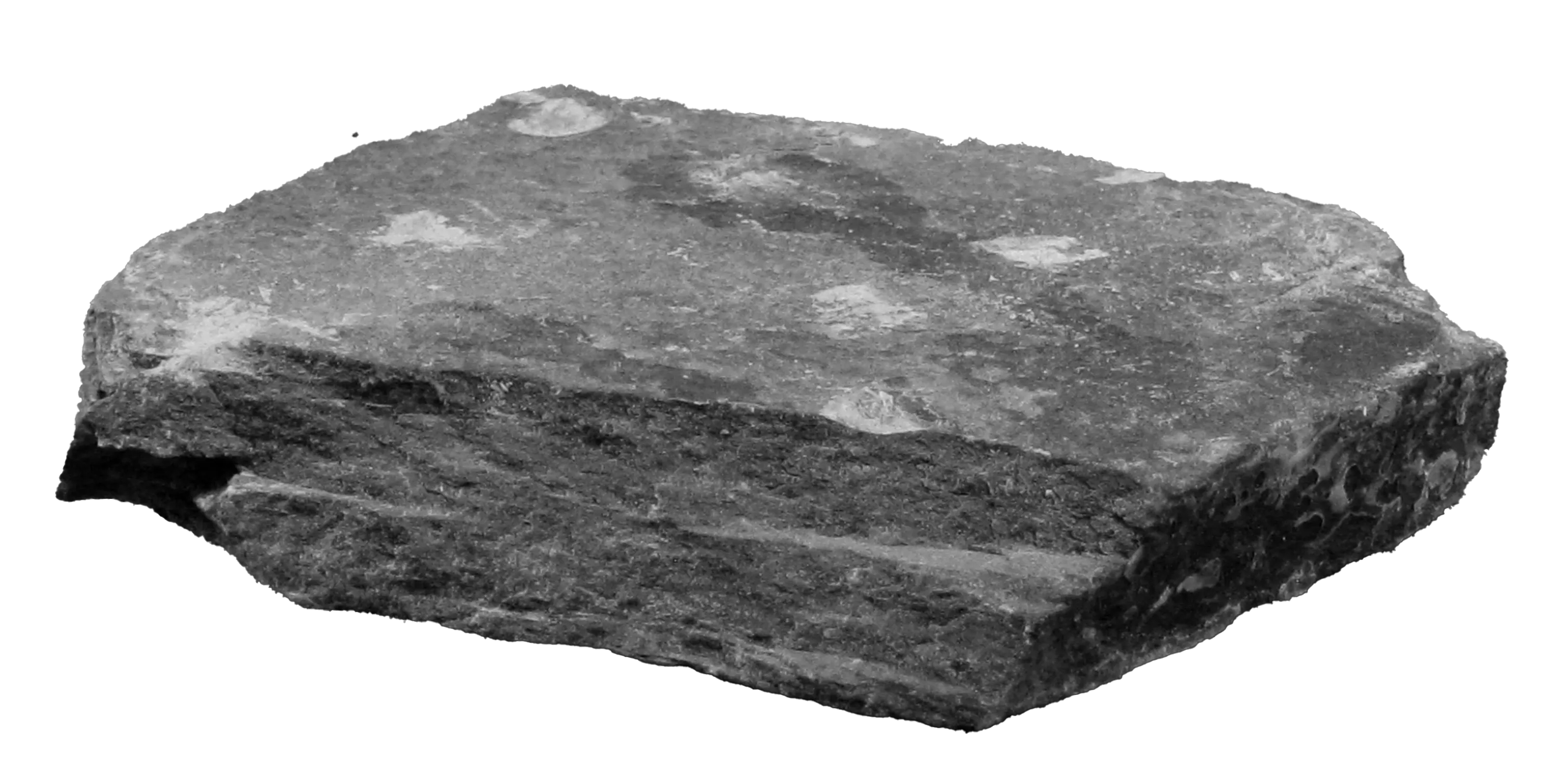 A large piece of grey slate viewed from the side. The slate has other tones of yellow, white and green throughout.