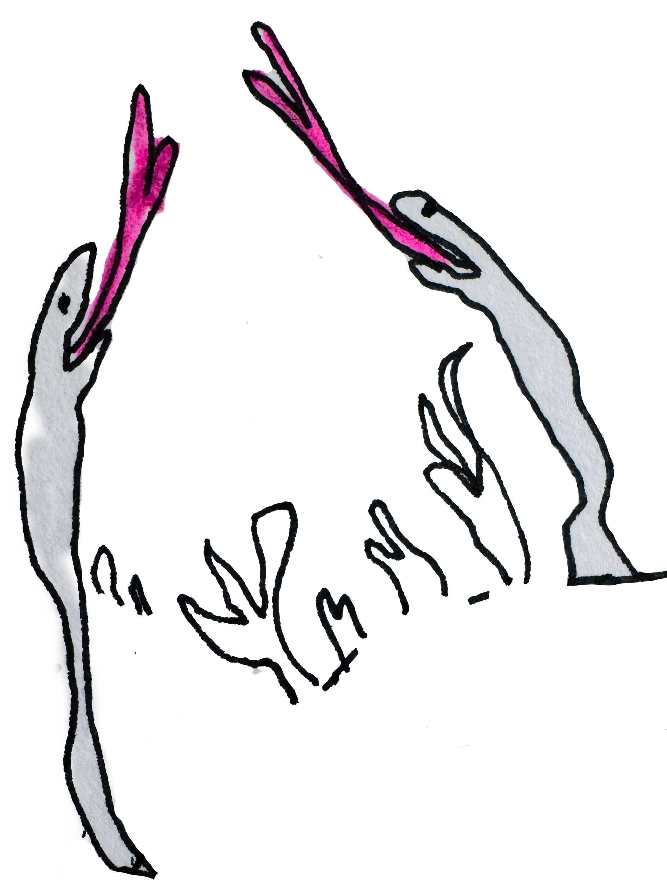 A hand drawn illustration of two grey snakes both poking out their pink tongues in the air. In between the snakes, are small line drawings of plants.