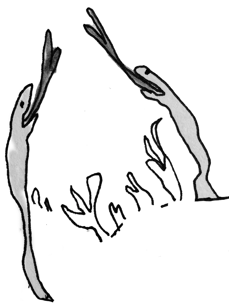 A hand drawn illustration of two grey snakes both poking out their pink tongues in the air. In between the snakes, are small line drawings of plants.